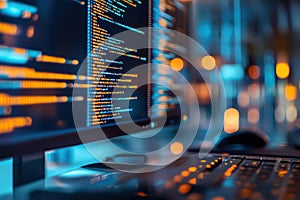 Blurred coding workspace with screens and code