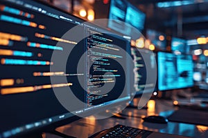 Blurred coding workspace with screens and code