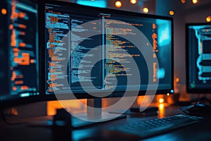 Blurred coding workspace with screens and code