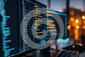 Blurred coding workspace with screens and code