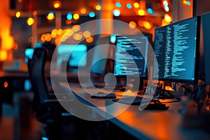 Blurred coding workspace with screens and code