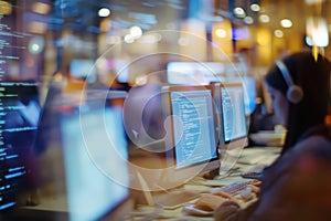 Blurred coding workspace with screens and code