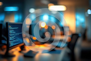 Blurred coding workspace with screens and code