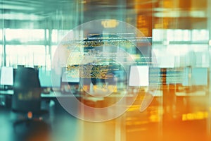 Blurred coding workspace with screens and code