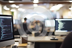 Blurred coding workspace with screens and code