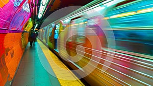 Blurred colors and shapes blend together as the hustle and bustle of the citys underground transportation system comes photo