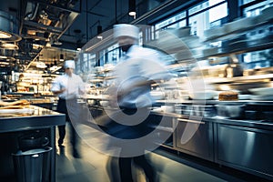 Blurred commercial kitchen with hurried cooks in motion blur