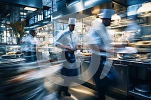 Blurred commercial kitchen with hurried cooks in motion blur