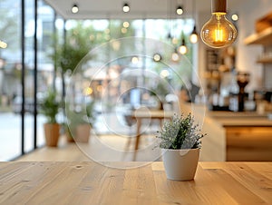 Blurred cafe interior room for background in business concept. Blur empty open space modern cafe. Workspace design. Generative AI