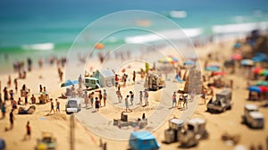 Blurred crowded day at the beach on sunny summer day and tilt shift effect