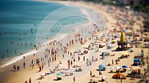 Blurred crowded day at the beach on sunny summer day and tilt shift effect
