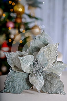 Blurred dark background with Christmas tree and gray poinsettia flower on a table. Yellow bokeh. Soft focus.