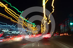 Blurred Defocused Lights of Heavy Traffic on a Wet Rainy. traffic lights in motion blur