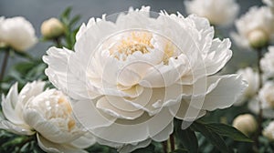 Blurred delicate petals of a white peony. Unfocused abstract floral background