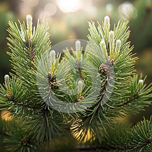 Blurred emphasizing the sharp details of the pine branches in the