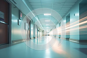 Blurred empty modern hospital corridor background. Abstract blurred clinic hallway interior. Entrance of medical emergency room in