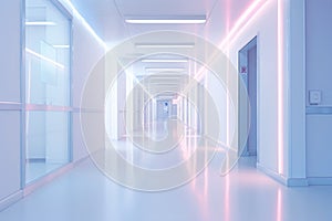 Blurred empty modern hospital corridor background. Abstract blurred clinic hallway interior. Entrance of medical emergency room in