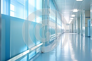 Blurred empty modern hospital corridor background. Abstract blurred clinic hallway interior. Entrance of medical emergency room in