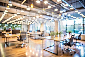 Blurred empty open space office with bokeh lights