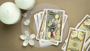 Blurred Esoteric concept and astrology, Fortune telling tarot predictions background, Tarot cards the eight of pentacles