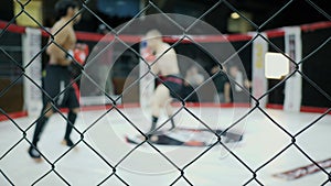 Blurred fighters fight in the octagon, knockout and win, mixed martial arts competition tournament