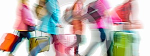 Blurred figures capture the constant movement and energy of travelers.