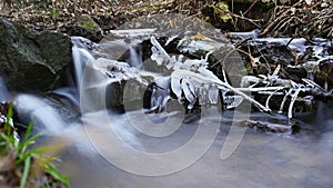 Blurred flowing water in winter creek. Beautiful photo of winter nature in the forest