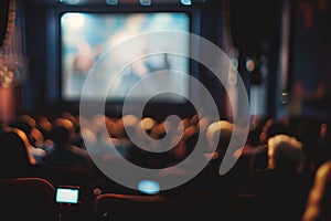 Blurred frame of a cinema. Moviegoers in a movie theater watch a bright screen shot from behind. The room is dark, the photo