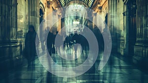 A blurred glimpse of a vast dimlylit hall with shadowy figures shuffling through faded documents and artifacts of a photo
