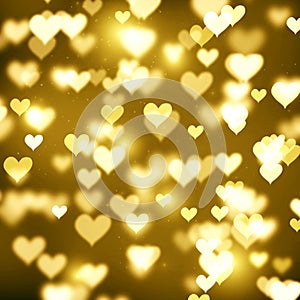 Blurred gold bokeh background, yellow hearts, gold, glitter, holiday, glamour, glow, light effect
