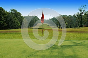 Blurred golf club and golf ball close up in grass field with sunset. Golf ball close up in golf coures