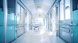 Blurred hospital corridor with hospital bed and emergency medical equipment.