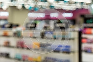 Blurred image a beauty stores with variety of prestige and mass cosmetics