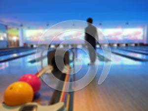 Blurred image of bowling arena bokeh. Concept for blur background, competition, hobby, team, defocus