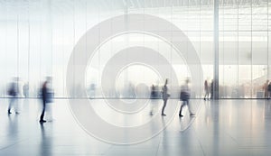 Blurred image of business people walking in the lobby of a modern office building