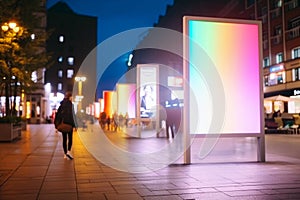 Blurred image of a city street at night with a large blank billboard.