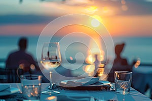 blurred image of couple have romantic dinner at restaurant with sunset sky background near the sea