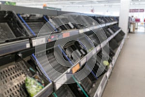 Blurred image of empty supermarket shelves due to Coronavirus induced stockpiling