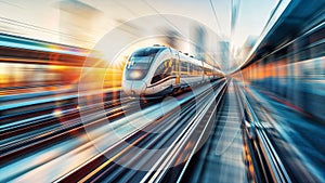 blurred image of a futuristic express train running over a rail
