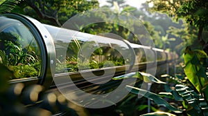 Blurred image of a hyperloop station surrounded by lush greenery highlighting the environmentallyfriendly aspects of photo