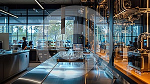 a blurred image of a laboratory with a microscope in the foreground