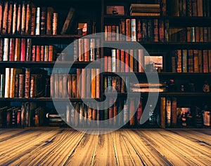 Blurred Image many old books on bookshelf in library