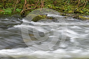 Blurred image of the movement of water in a beautiful forest river with a waterfall