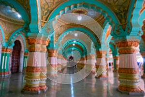 Blurred image, Mysore, Karnataka, India. Beautiful decorated interior ceiling and pillars of the Durbar or audience hall inside
