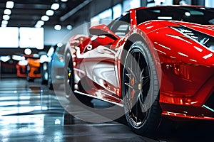 A blurred image of a new red car parked in a showroom at a car dealership.