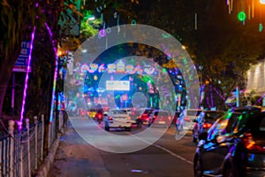 Blurred image of Park Street,Kolkata, India. Park street is decorated with diwali lights for the occassion of Diwali, deepabali or