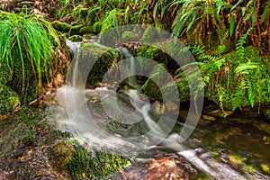 Blurred image of a small river waterfall close-up long exposure