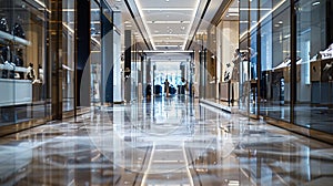 Blurred image of a sophisticated shopping destination with sleek glass display cases and highend fashion boutiques lined photo