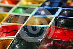 Art materials, hobby concept. Palette of colors, close up. photo