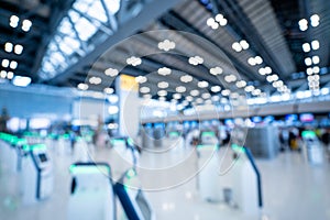 Blurred images of Self-service check-in machine at Check-in counters at Suvarnabhumi International Airport